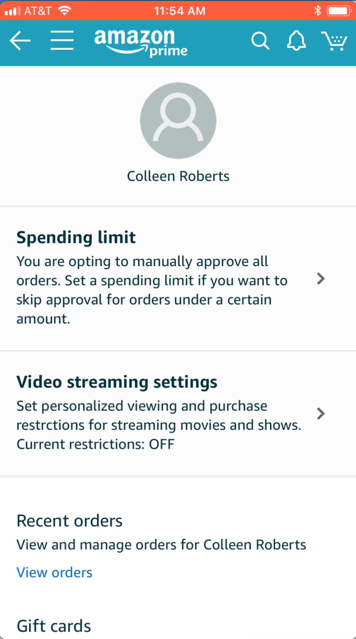 Amazon Teen parent settings — spending limit and controls